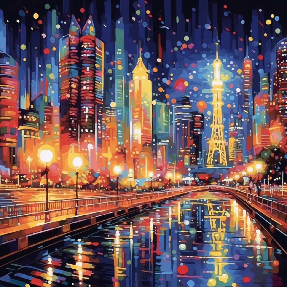 Een Bruisende Stad met Felle Lichten Diamond Painting