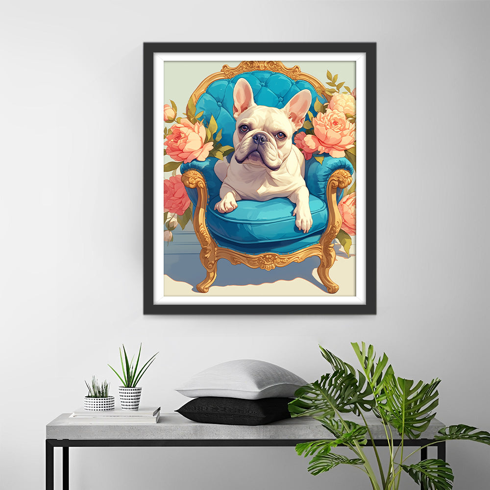 Een Bulldog op een Blauwe Stoel Diamond Painting
