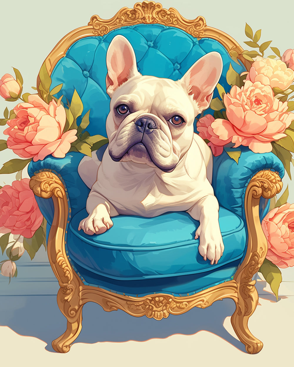 Een Bulldog op een Blauwe Stoel Diamond Painting