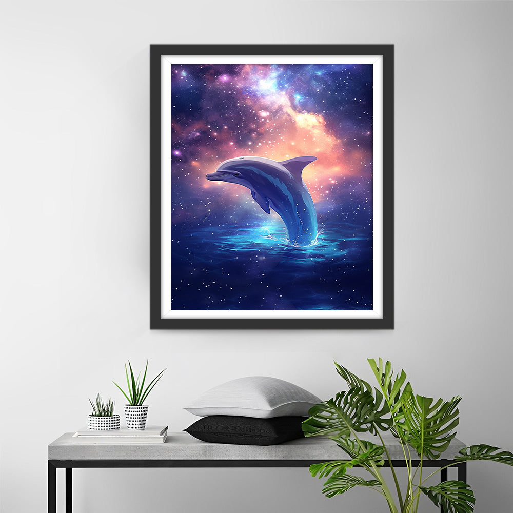 Een Dolfijn Springt uit de Zee onder een Kleurrijke Hemel Diamond Painting