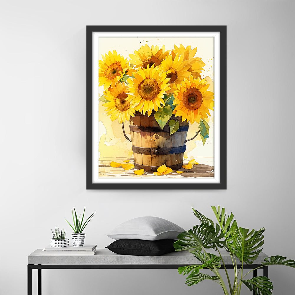 Een Houten Emmer vol Zonnebloemen op een Warme Achtergrond Diamond Painting