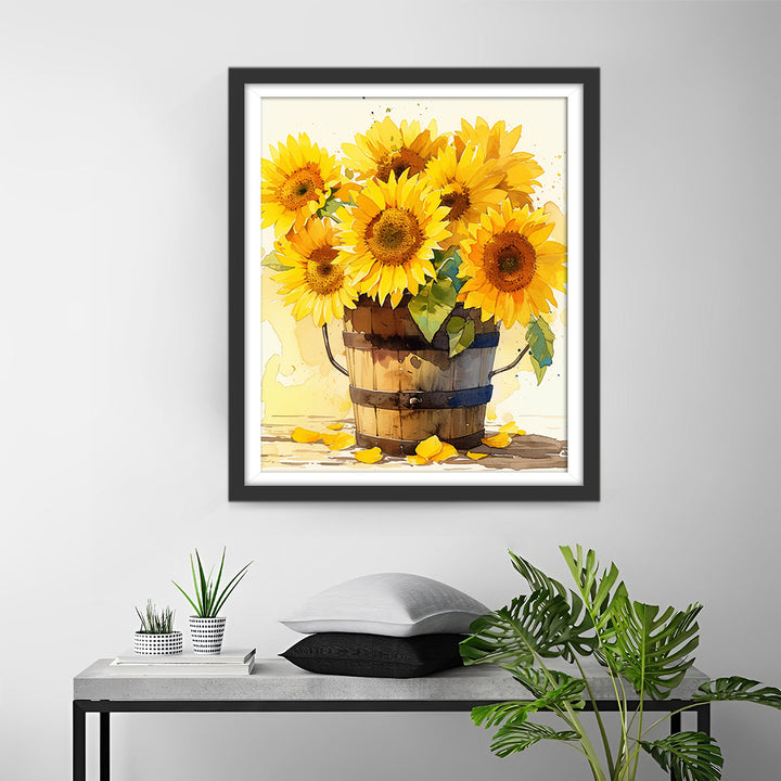 Een Houten Emmer vol Zonnebloemen op een Warme Achtergrond Diamond Painting