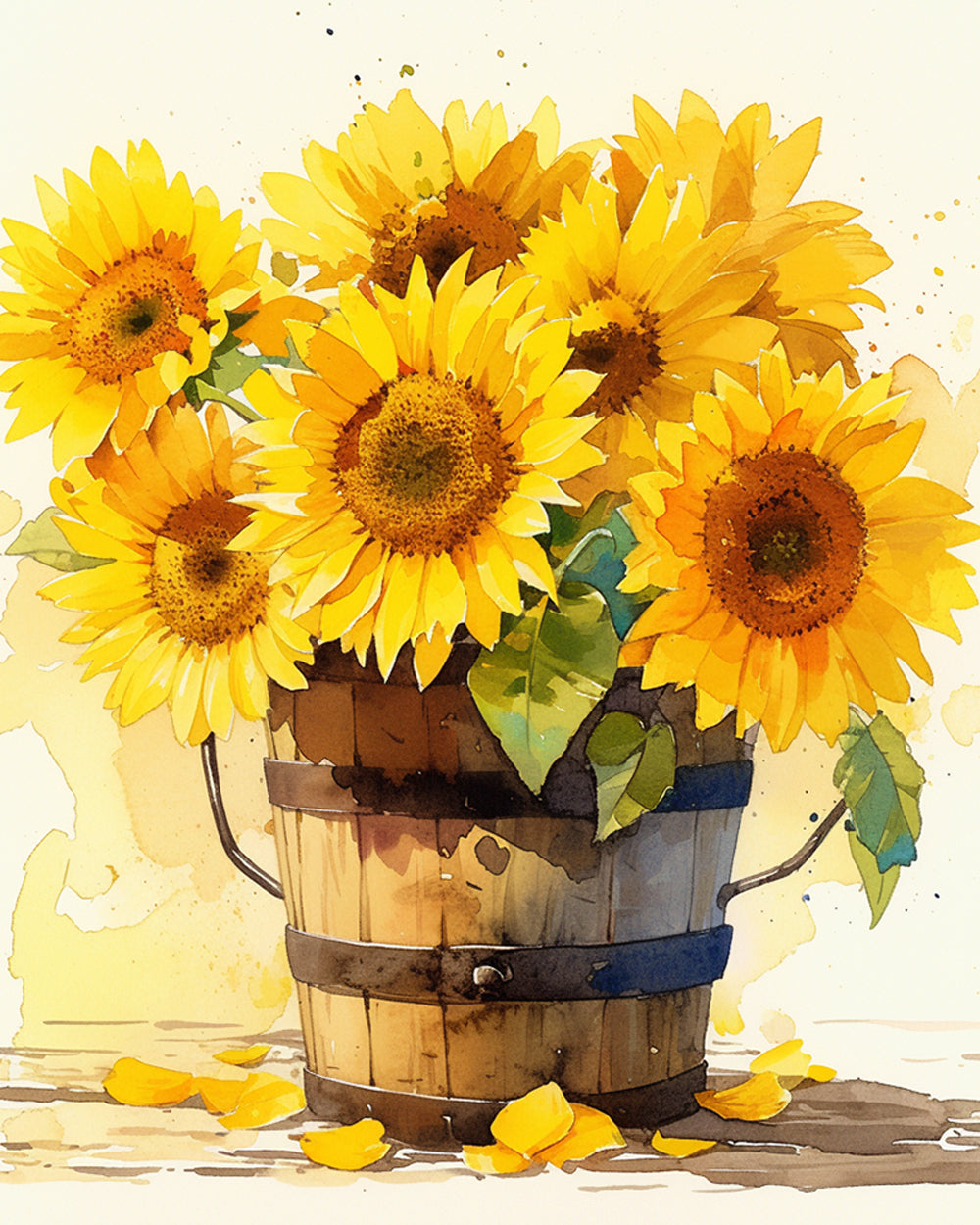 Een Houten Emmer vol Zonnebloemen op een Warme Achtergrond Diamond Painting