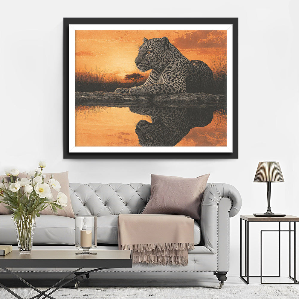 Een Luipaard Liggend bij het Meer Diamond Painting