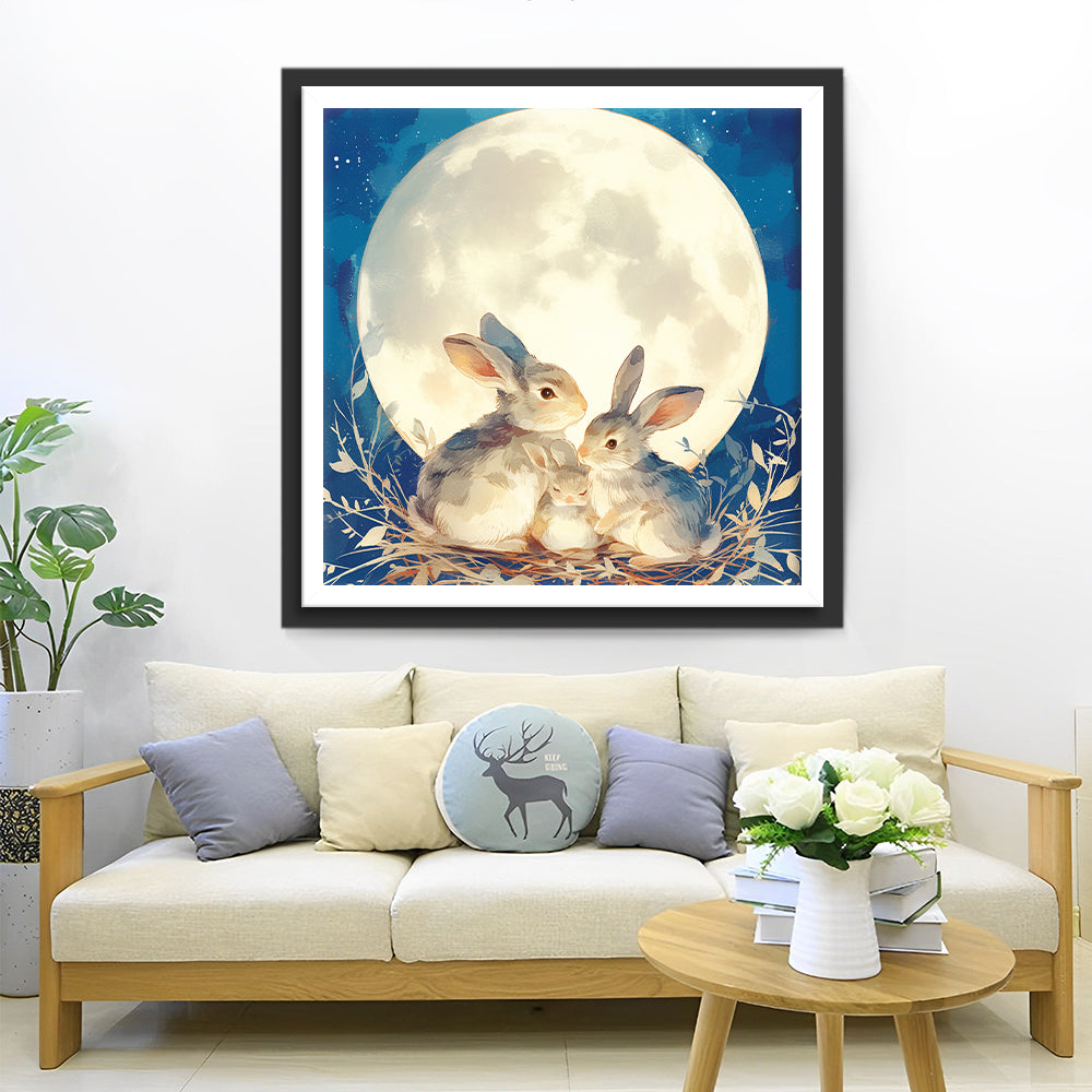 Een Nest Konijnen onder de Volle Maan Diamond Painting