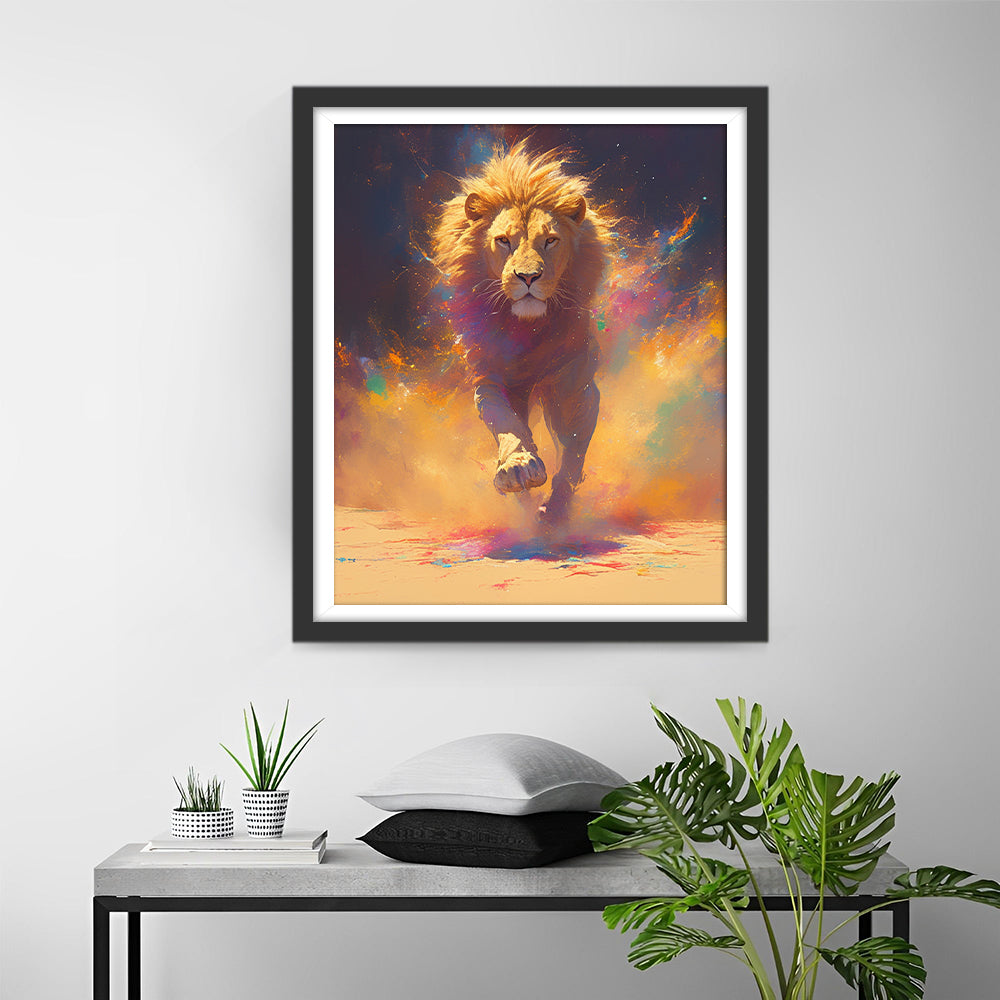 Een Rennende Leeuw in het Kleurrijke Stof Diamond Painting