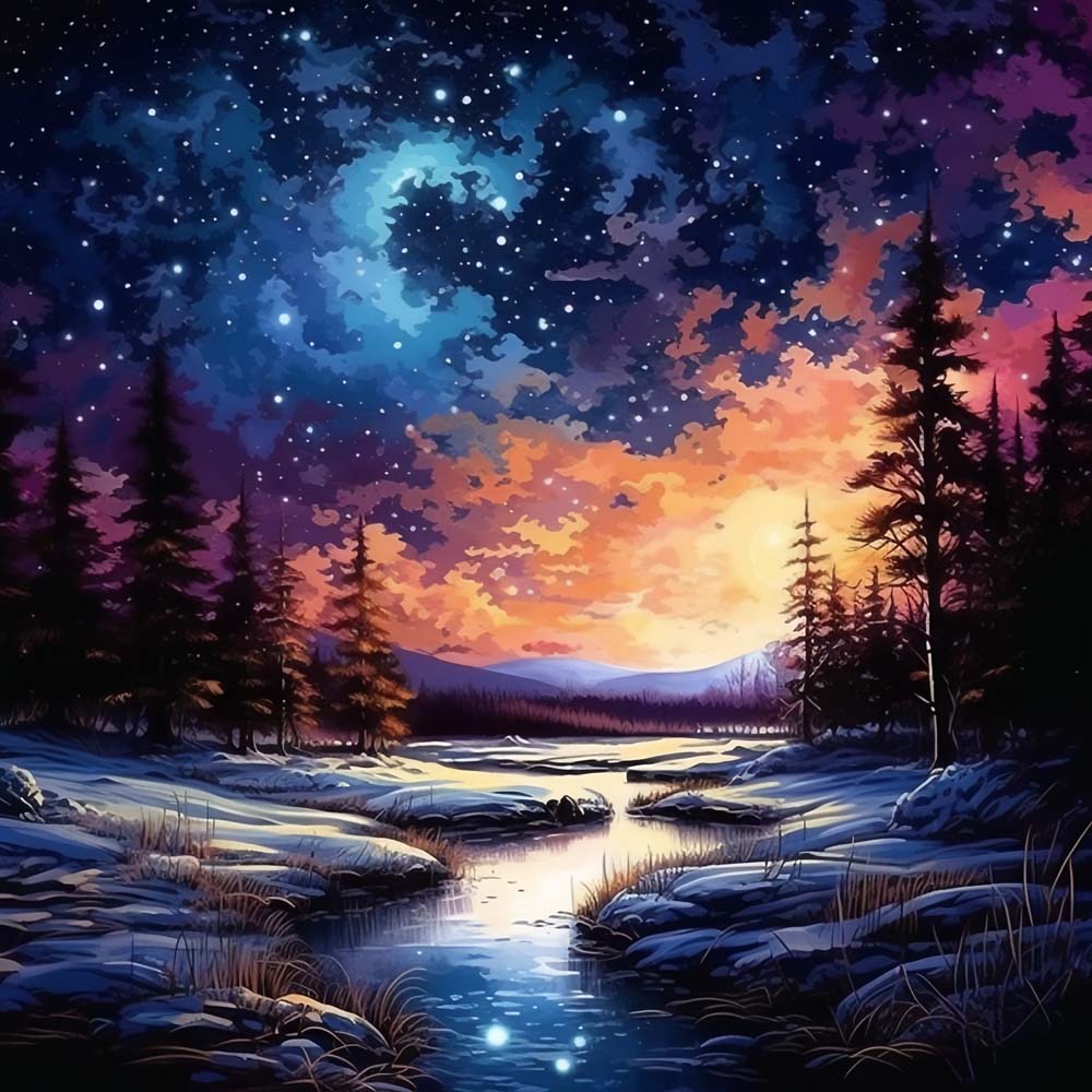 Een Rivier onder een Rustige Sterrenhemel Diamond Painting