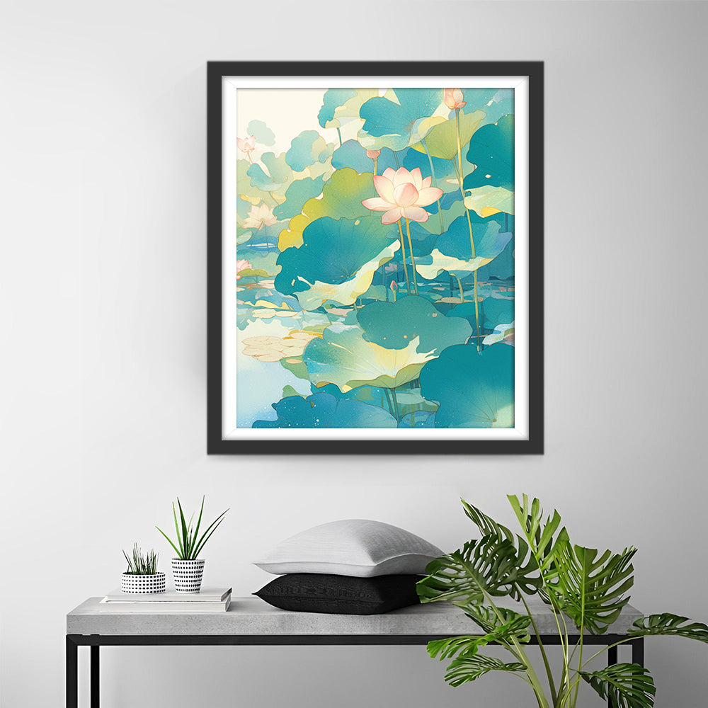 Een Serene Vijver met Bloeiende Lotusbloemen en Grote Bladeren Diamond Painting