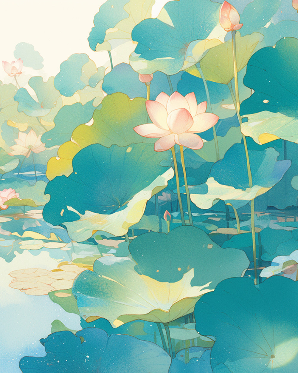 Een Serene Vijver met Bloeiende Lotusbloemen en Grote Bladeren Diamond Painting