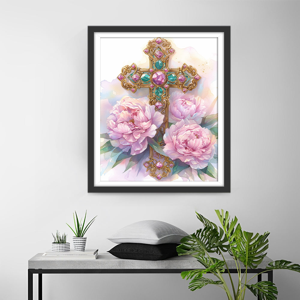 Een Sierlijk Kruissieraad tussen Pioenrozen Diamond Painting