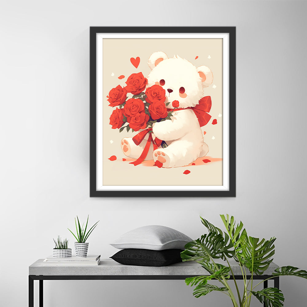 Een Teddybeer met een Boeket Rozen Diamond Painting