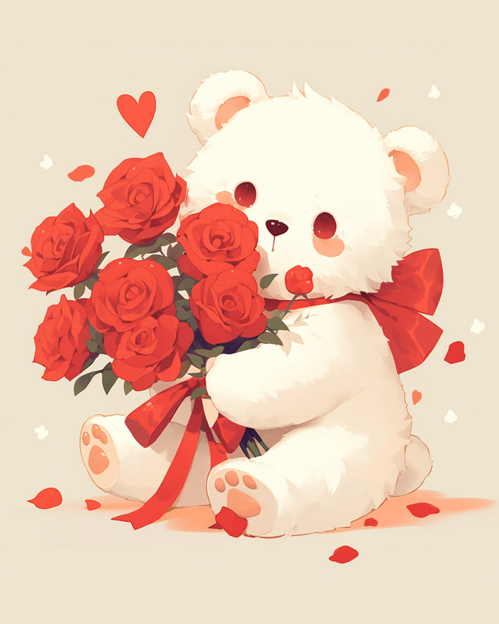 Een Teddybeer met een Boeket Rozen Diamond Painting