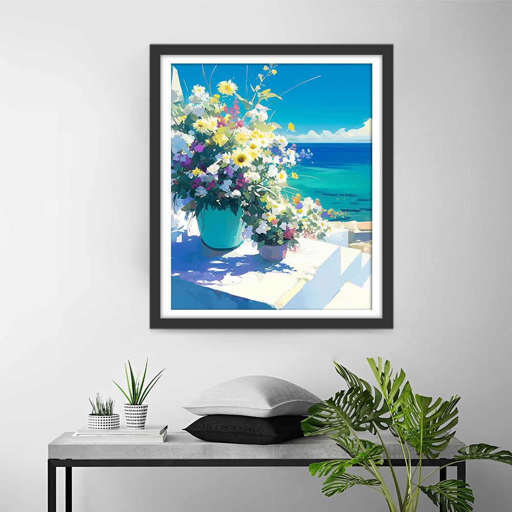 Een Turquoise Vaas met Bloemen op een Terras Diamond Painting
