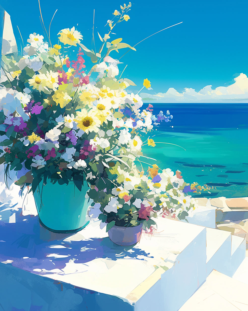 Een Turquoise Vaas met Bloemen op een Terras Diamond Painting