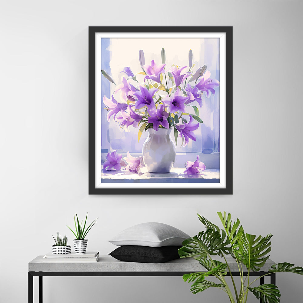 Een Vaas met Paarse Bloemen op een Vensterbank Diamond Painting