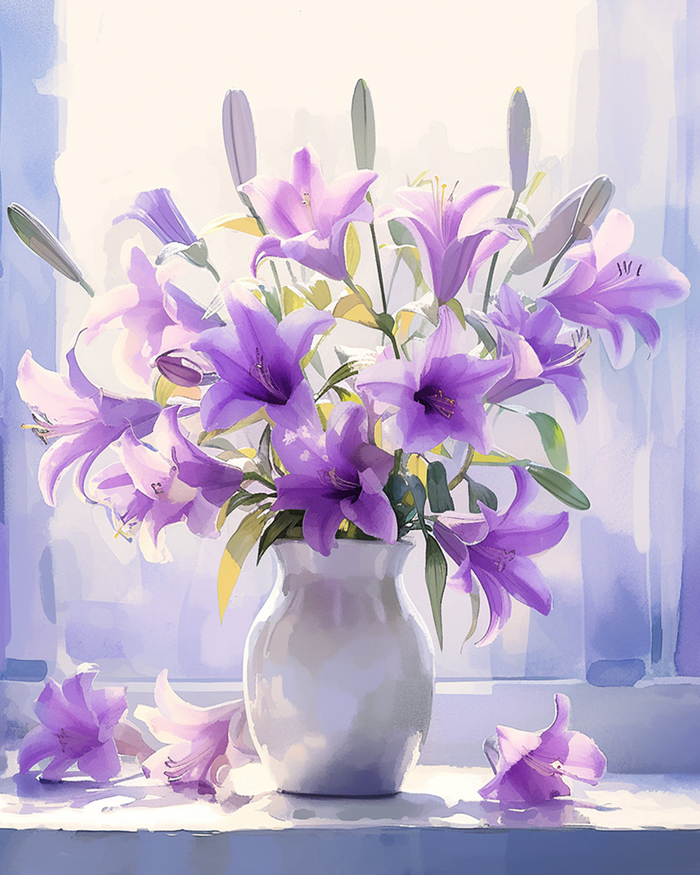 Een Vaas met Paarse Bloemen op een Vensterbank Diamond Painting