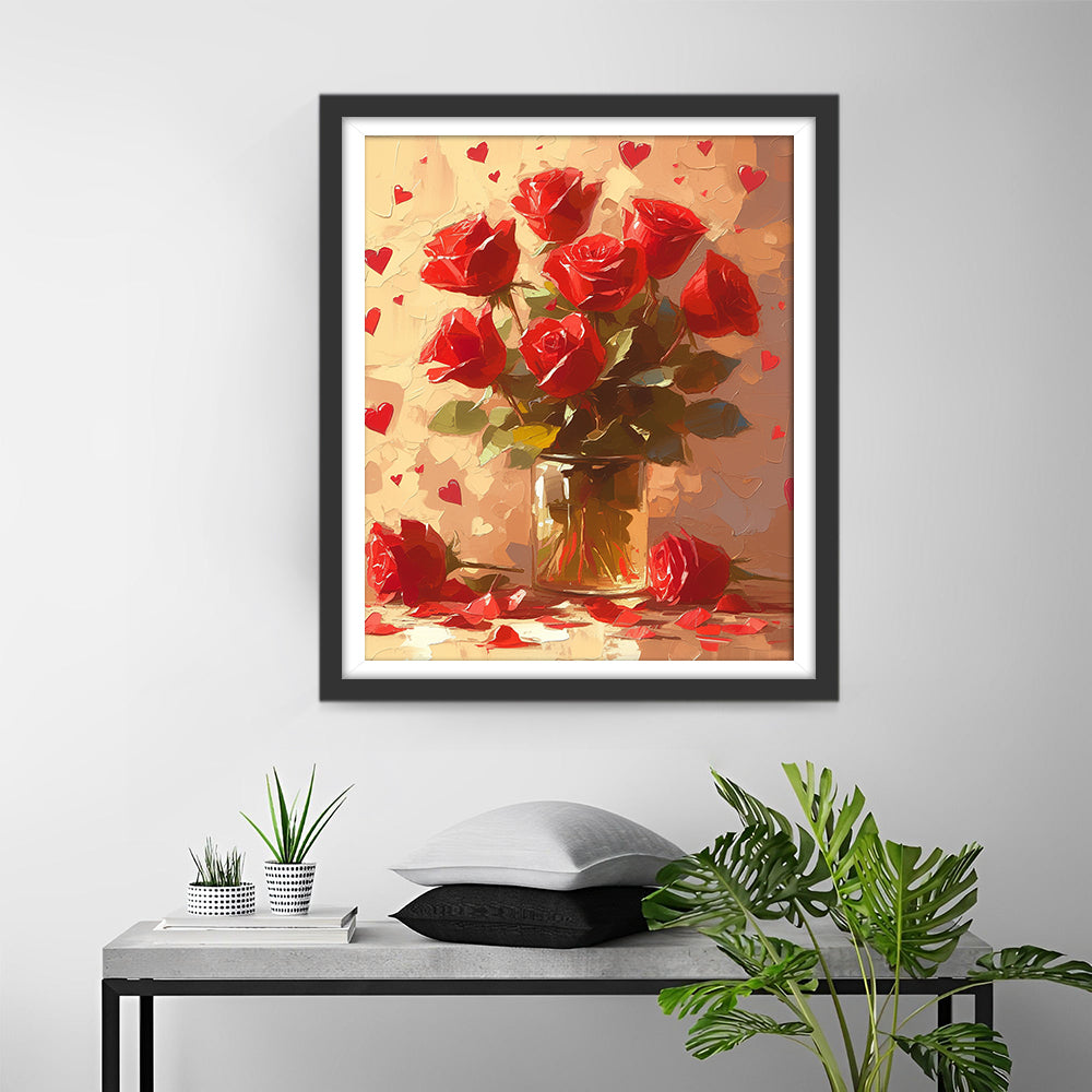 Een Vaas met Rode Rozen tegen een Achtergrond vol Hartjes Diamond Painting