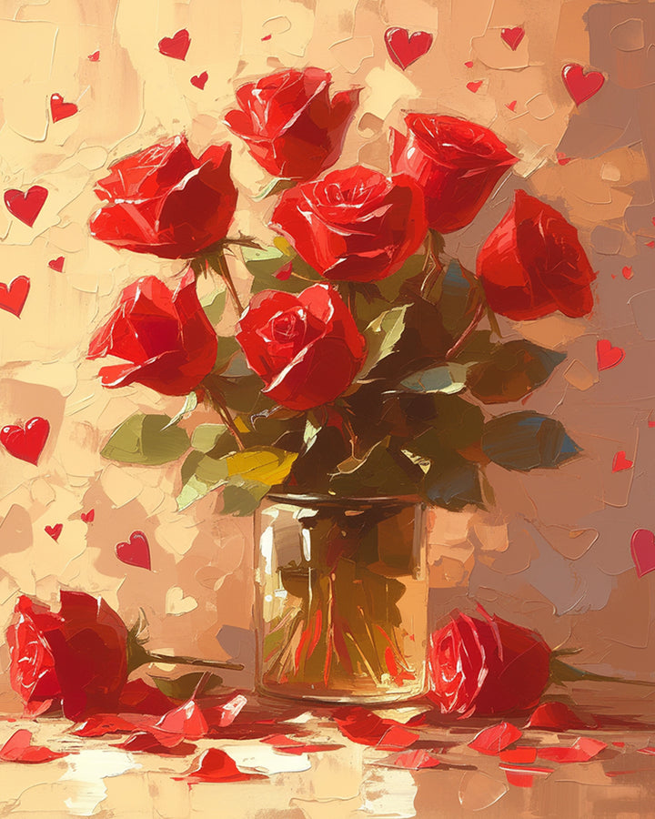 Een Vaas met Rode Rozen tegen een Achtergrond vol Hartjes Diamond Painting