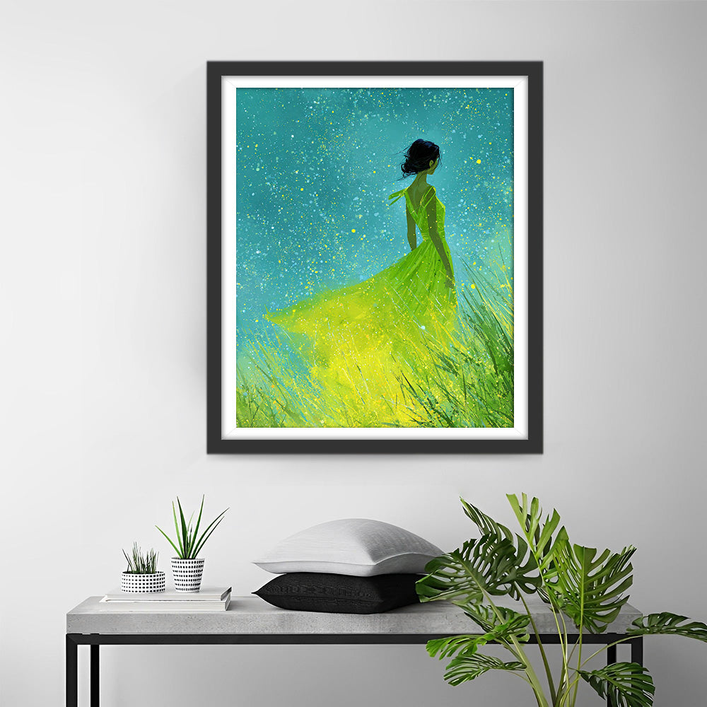 Een Vrouw in een Dromerige Fluorescerend Groene Jurk Diamond Painting