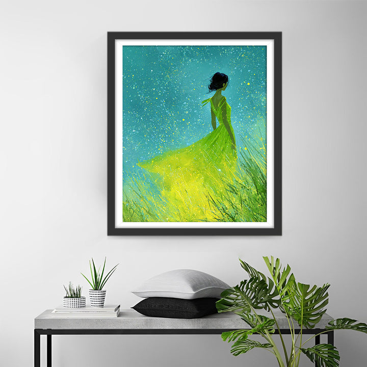 Een Vrouw in een Dromerige Fluorescerend Groene Jurk Diamond Painting