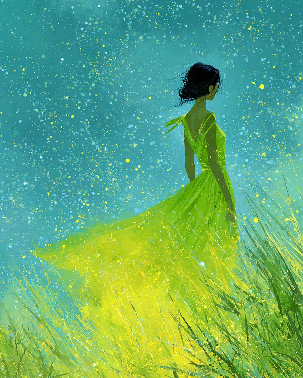 Een Vrouw in een Dromerige Fluorescerend Groene Jurk Diamond Painting