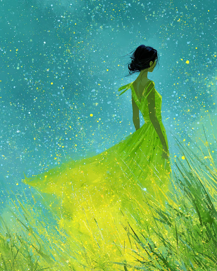 Een Vrouw in een Dromerige Fluorescerend Groene Jurk Diamond Painting