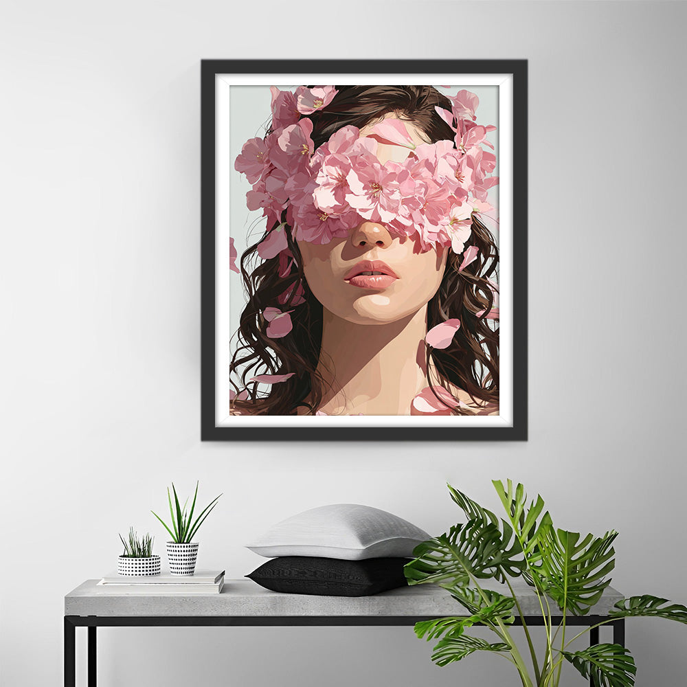 Een Vrouw met Roze Bloemen die Haar Ogen Bedekken Diamond Painting