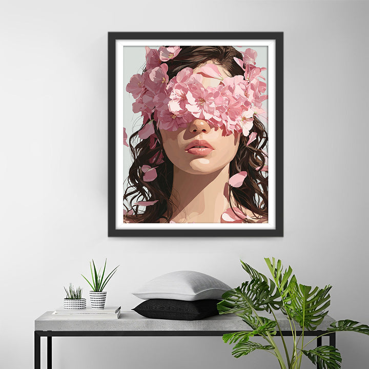 Een Vrouw met Roze Bloemen die Haar Ogen Bedekken Diamond Painting
