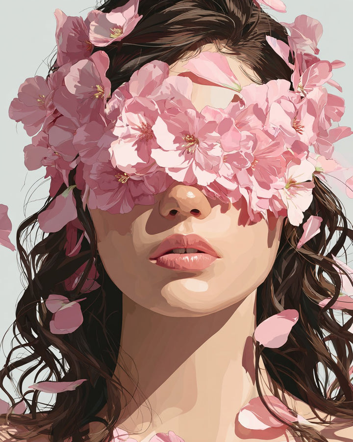 Een Vrouw met Roze Bloemen die Haar Ogen Bedekken Diamond Painting