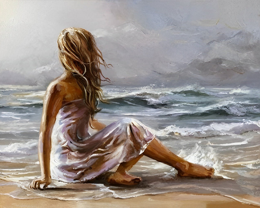 Een Vrouw Zit op het Strand Diamond Painting