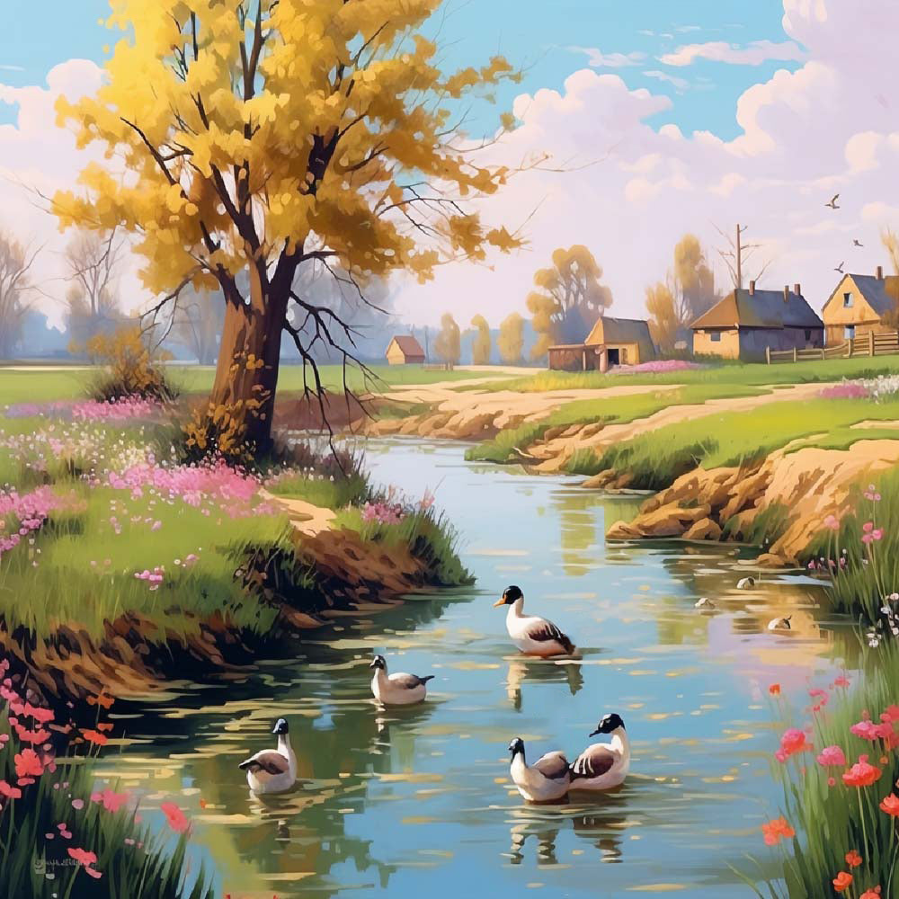 Eenden in de Landelijke Rivier Diamond Painting