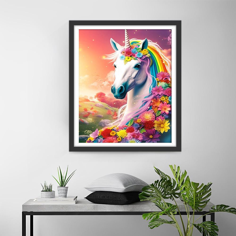Eenhoorn en Veel Bloemen Diamond Painting