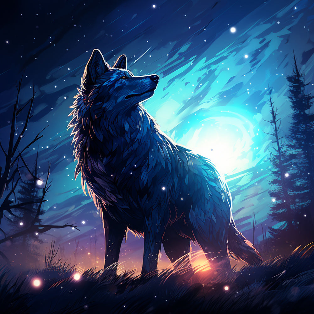 Eenzame Wolf Kijkt Achterom naar de Nachtelijke Hemel Diamond Painting
