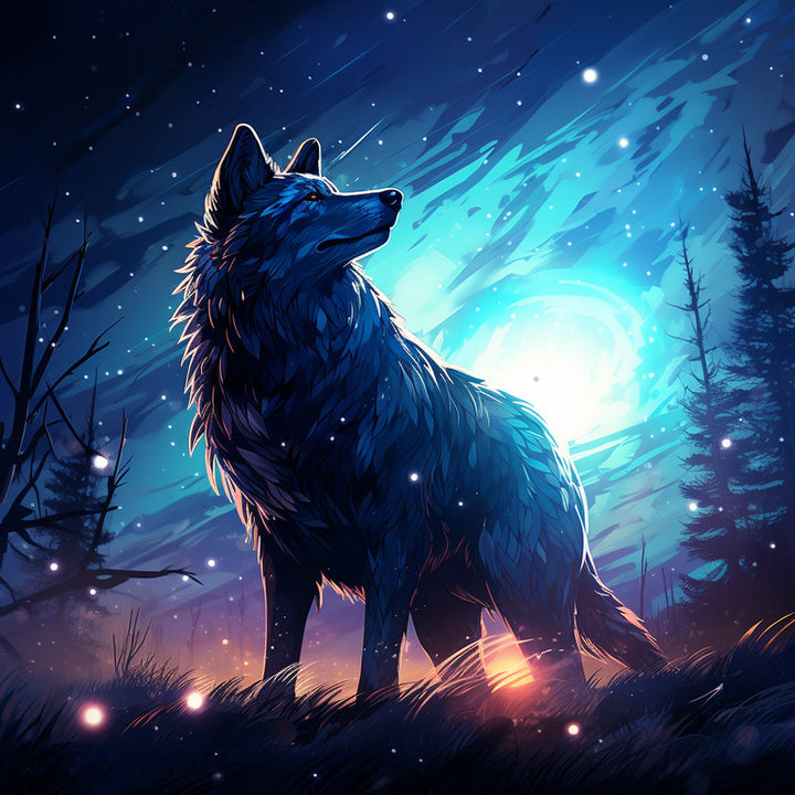 Eenzame Wolf Kijkt Achterom naar de Nachtelijke Hemel Diamond Painting