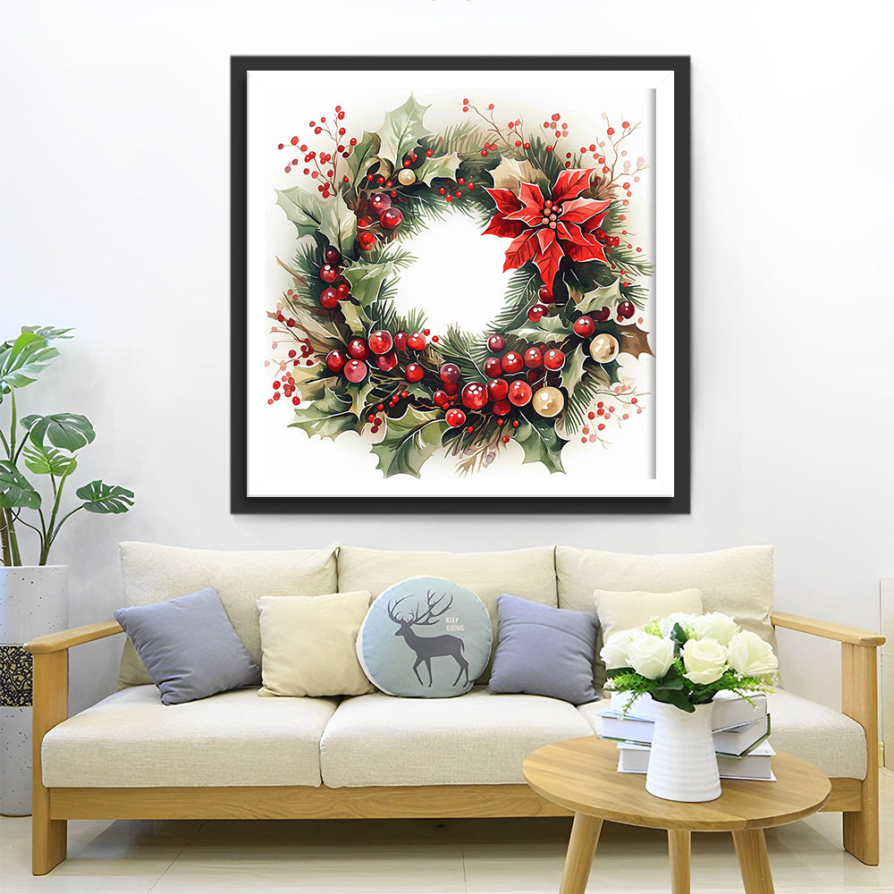 Elegant Kransje met Rode Bloem en Besjes Diamond Painting