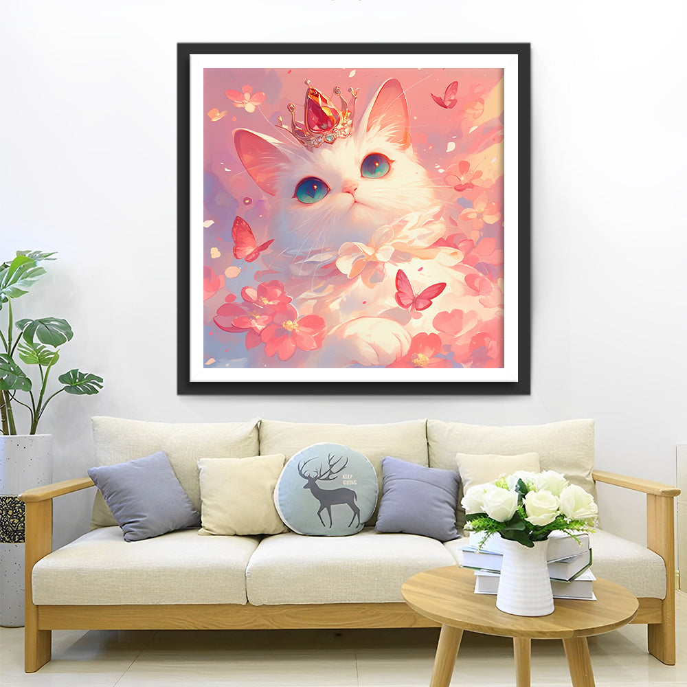 Elegante Witte Kat en Roze Vlinders Diamond Painting