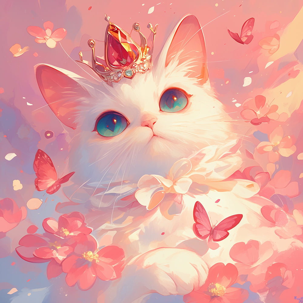 Elegante Witte Kat en Roze Vlinders Diamond Painting