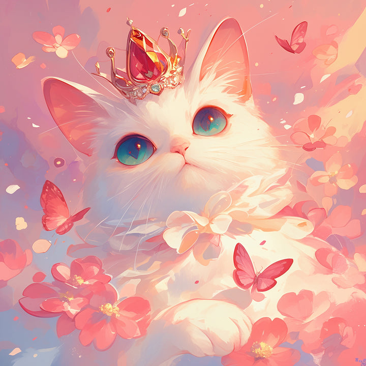 Elegante Witte Kat en Roze Vlinders Diamond Painting