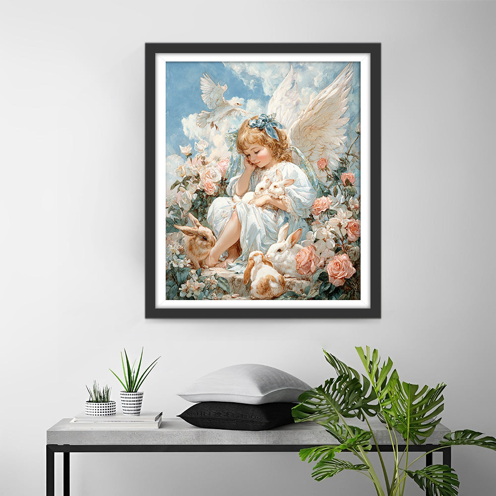 Engel en Konijnen omringd door Bloemen Diamond Painting