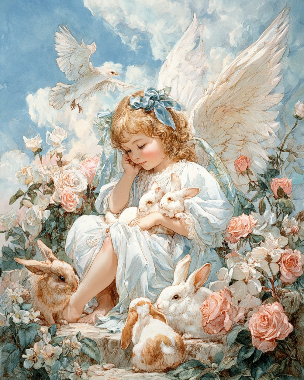 Engel en Konijnen omringd door Bloemen Diamond Painting