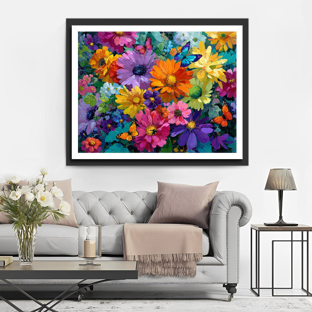 Felgekleurde Margrieten en Vlinders Diamond Painting