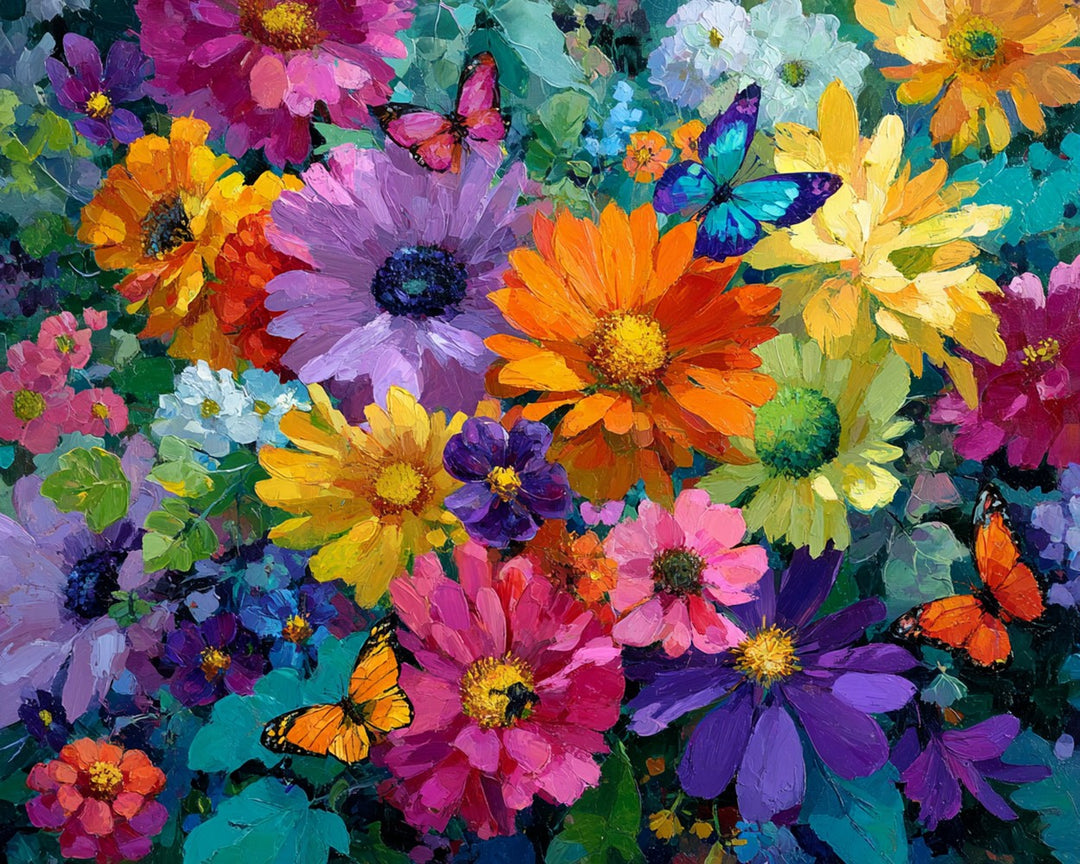 Felgekleurde Margrieten en Vlinders Diamond Painting