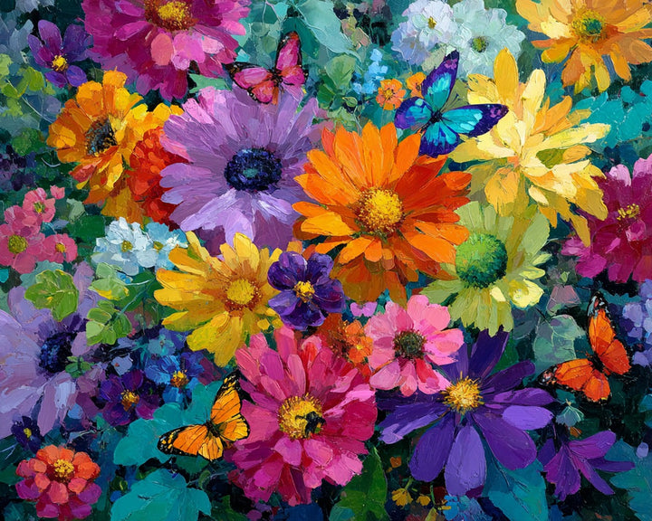 Felgekleurde Margrieten en Vlinders Diamond Painting