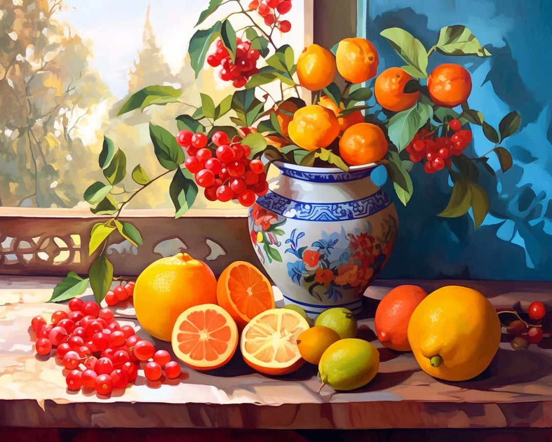 Frambozen en Sinaasappels op de Vensterbank Diamond Painting