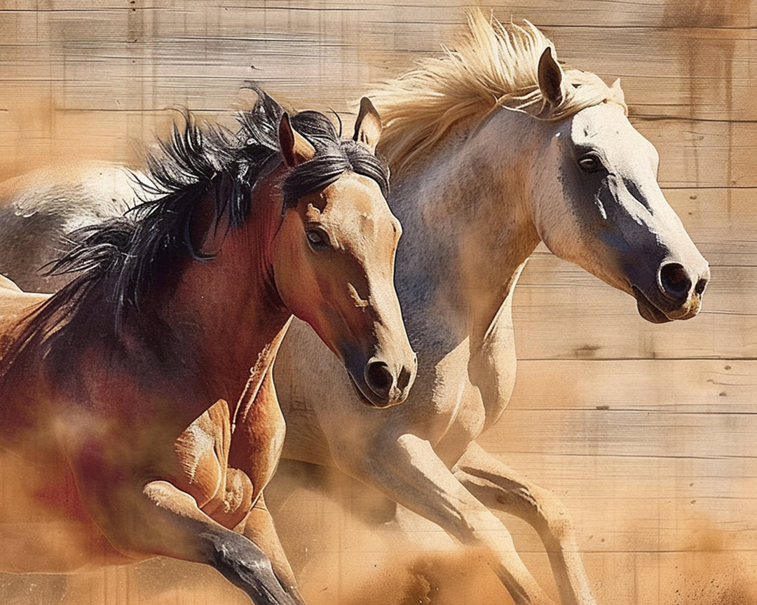 Galopperende Witte en Bruine Paarden Diamond Painting