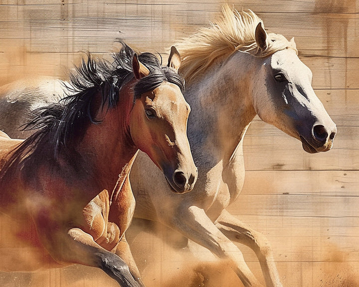 Galopperende Witte en Bruine Paarden Diamond Painting