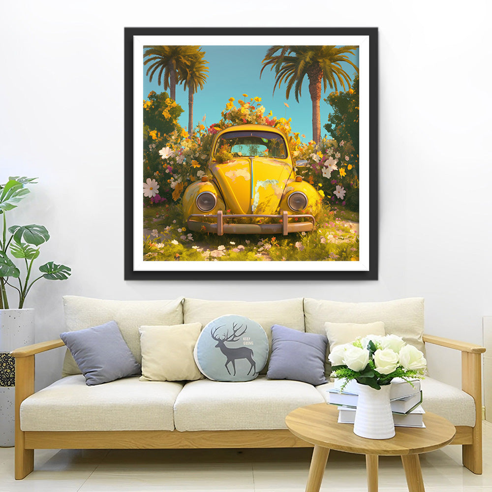 Gele Auto Vol Bloemen Diamond Painting