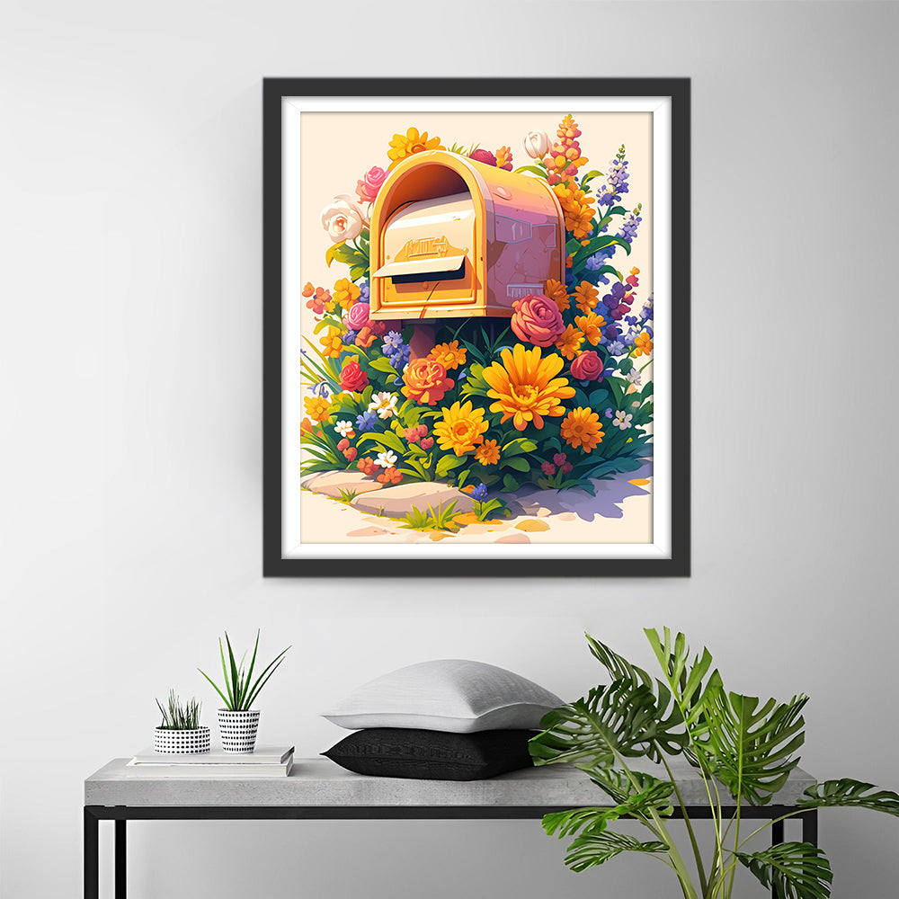 Gele Brievenbus in Bloementapijt Diamond Painting