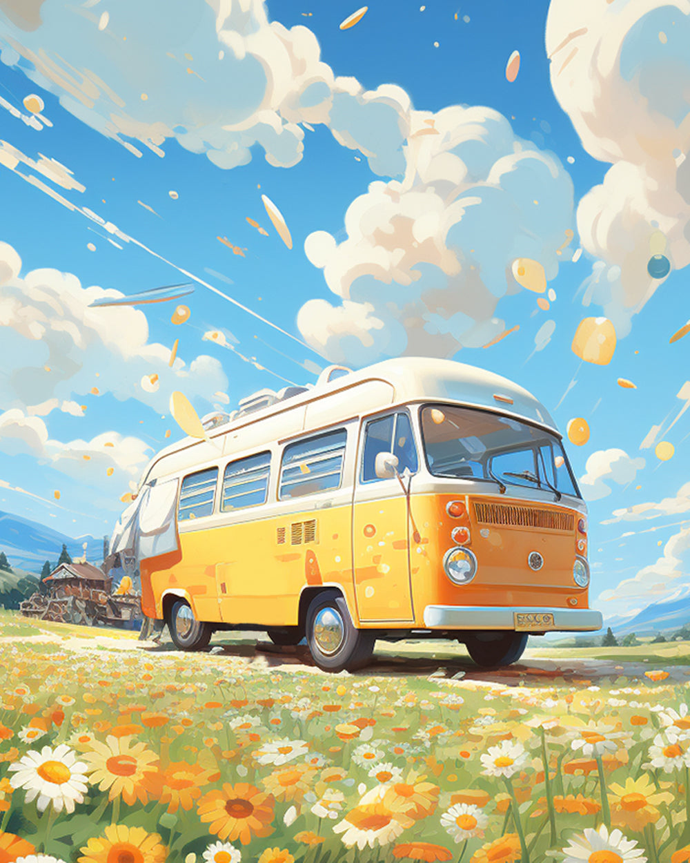 Gele Bus in het Chrysantenveld Diamond Painting
