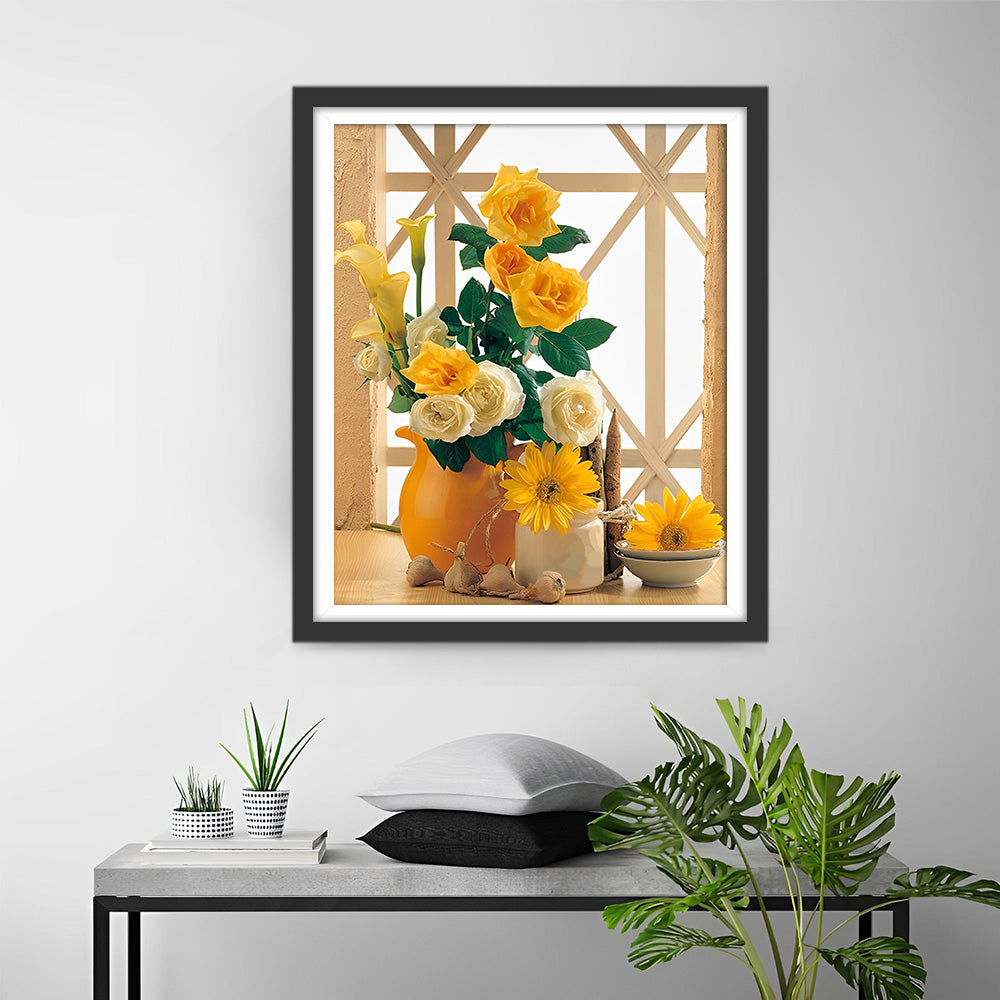 Gele Rozen en Zonnebloemen Diamond Painting